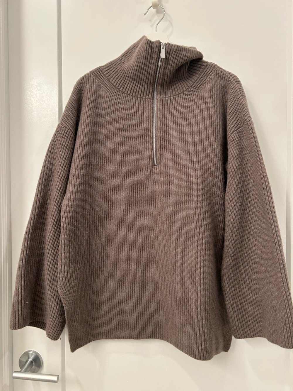 Oversized Half-Zip Ribbed Knit Sweater - Taupe